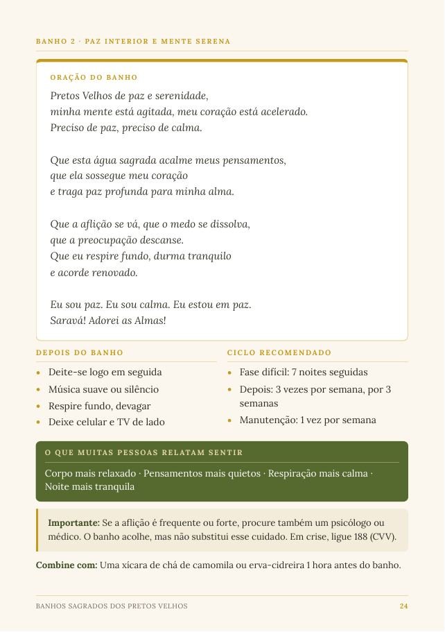 Página com a oração do Banho 2, Paz Interior e Mente Serena